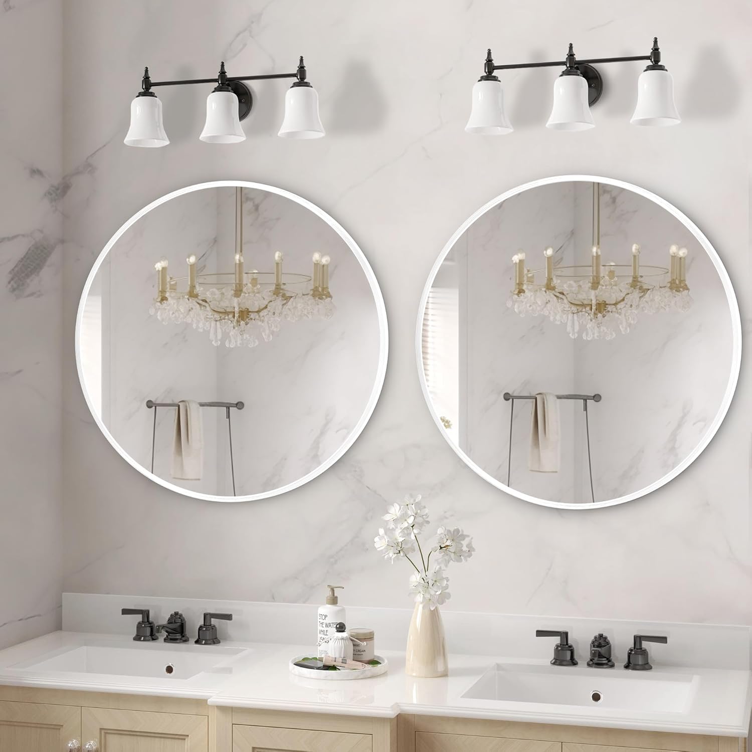 Home Round Mirror White Circle Mirror 21 Inch Bathroom Mirror with Wooden Frame, Mirrors for Bedroom, Wall, Living Room, Vanity, Entryway