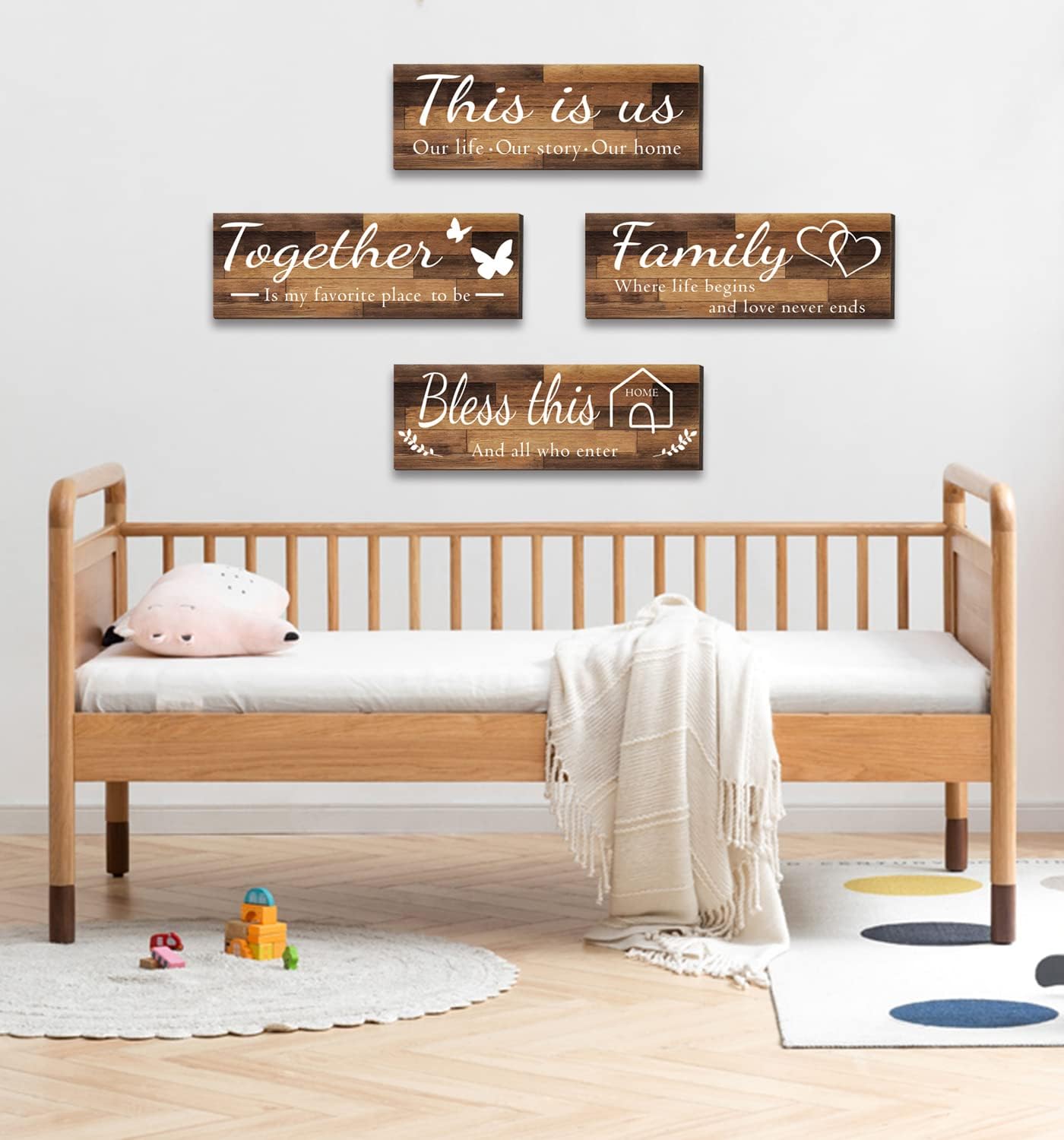Assorted wooden home wall Huanging and bathroom decor plaques 4 Pieces Home Wall Signs, THIS IS US/TOGETHER/BLESS THIS HOME/FAMILY Wall Decor For Living Room Bedroom, Rustic Wooden Farmhouse Wall Art