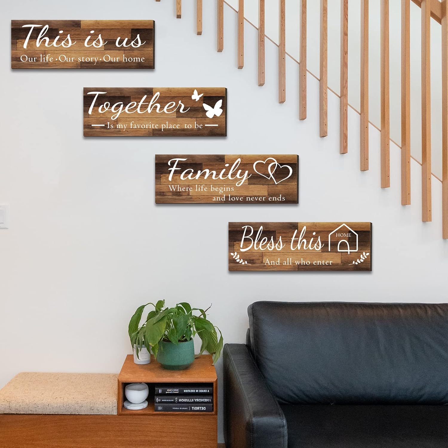 Assorted wooden home wall Huanging and bathroom decor plaques 4 Pieces Home Wall Signs, THIS IS US/TOGETHER/BLESS THIS HOME/FAMILY Wall Decor For Living Room Bedroom, Rustic Wooden Farmhouse Wall Art