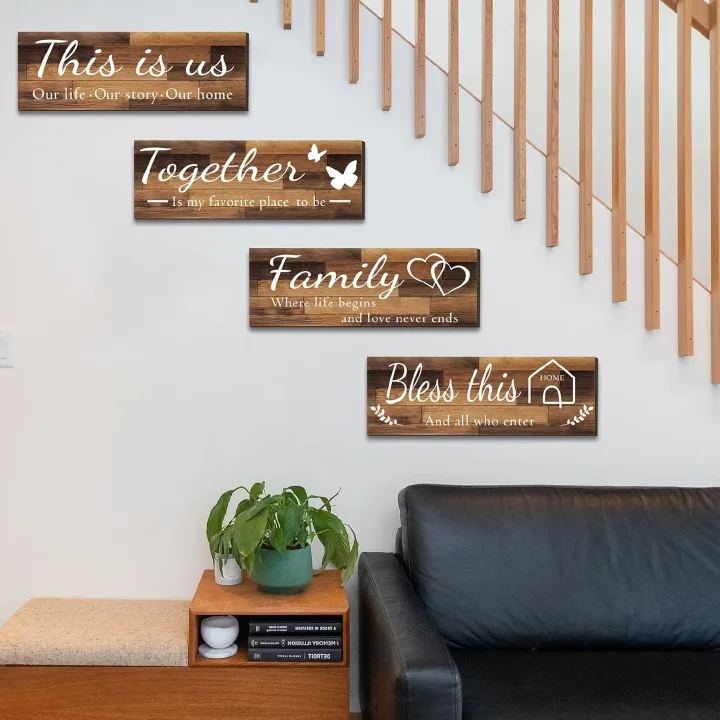 Assorted wooden home wall Huanging and bathroom decor plaques 4 Pieces Home Wall Signs, THIS IS US/TOGETHER/BLESS THIS HOME/FAMILY Wall Decor For Living Room Bedroom, Rustic Wooden Farmhouse Wall Art