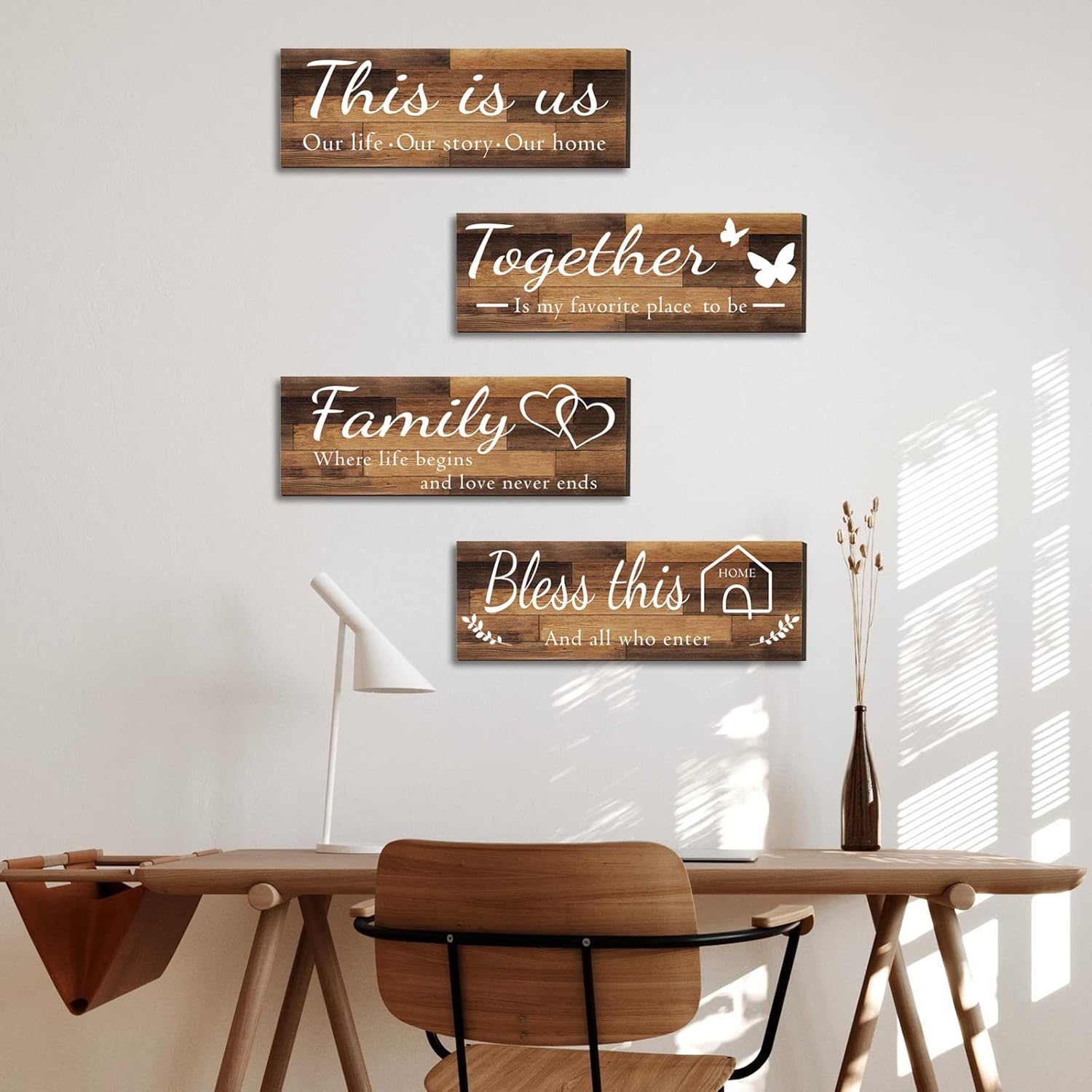 Assorted wooden home wall Huanging and bathroom decor plaques 4 Pieces Home Wall Signs, THIS IS US/TOGETHER/BLESS THIS HOME/FAMILY Wall Decor For Living Room Bedroom, Rustic Wooden Farmhouse Wall Art
