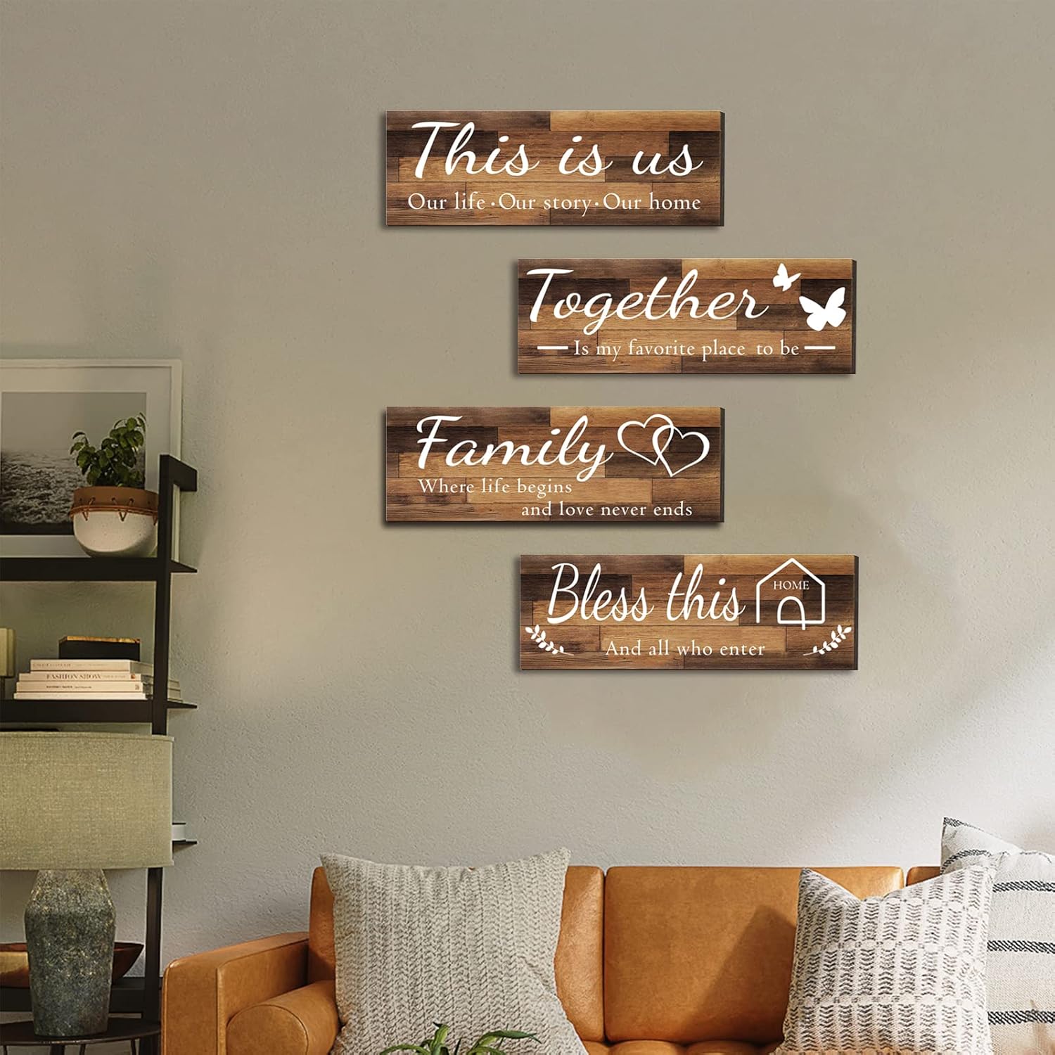 Assorted wooden home wall Huanging and bathroom decor plaques 4 Pieces Home Wall Signs, THIS IS US/TOGETHER/BLESS THIS HOME/FAMILY Wall Decor For Living Room Bedroom, Rustic Wooden Farmhouse Wall Art