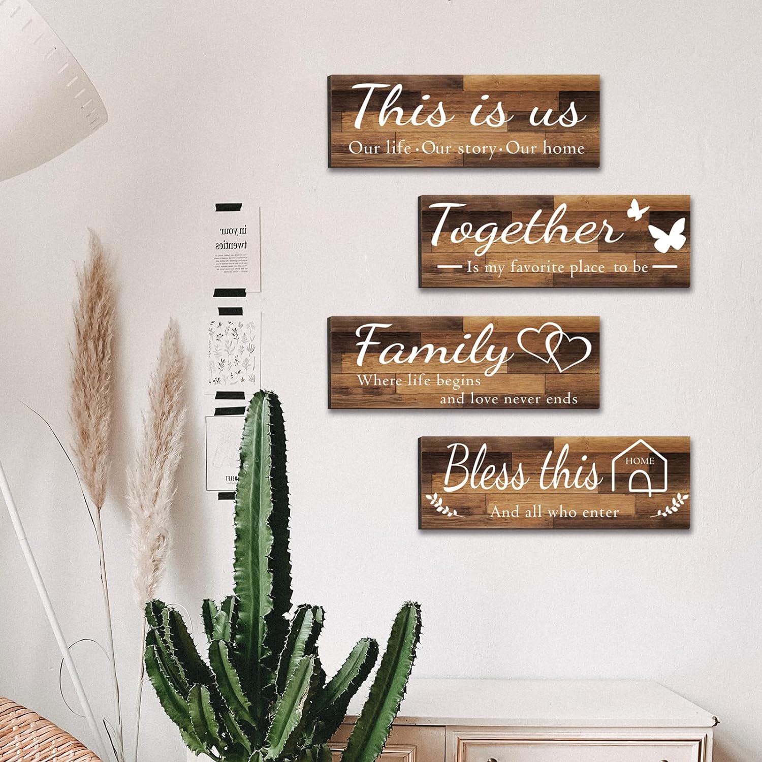 Assorted wooden home wall Huanging and bathroom decor plaques 4 Pieces Home Wall Signs, THIS IS US/TOGETHER/BLESS THIS HOME/FAMILY Wall Decor For Living Room Bedroom, Rustic Wooden Farmhouse Wall Art