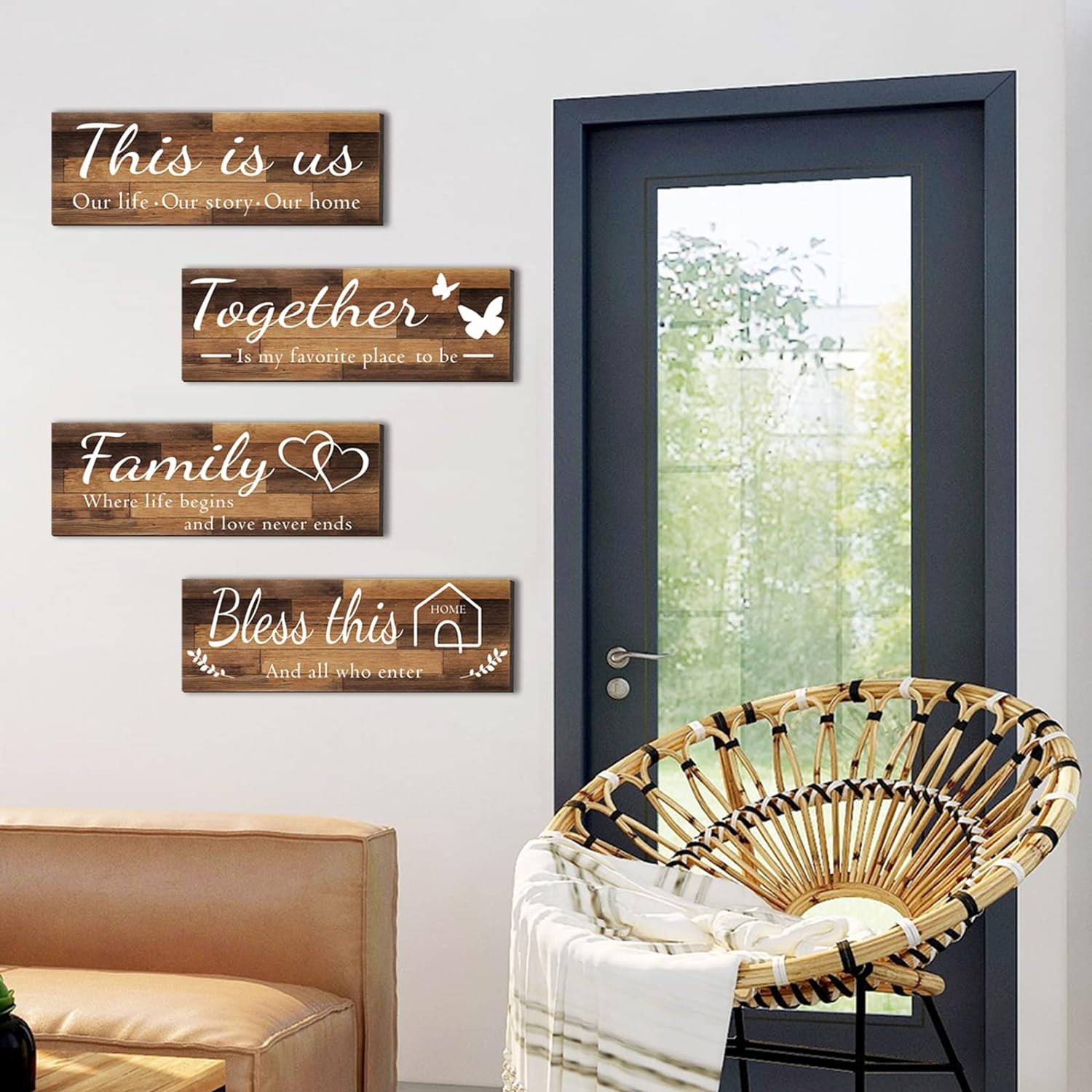 Assorted wooden home wall Huanging and bathroom decor plaques 4 Pieces Home Wall Signs, THIS IS US/TOGETHER/BLESS THIS HOME/FAMILY Wall Decor For Living Room Bedroom, Rustic Wooden Farmhouse Wall Art