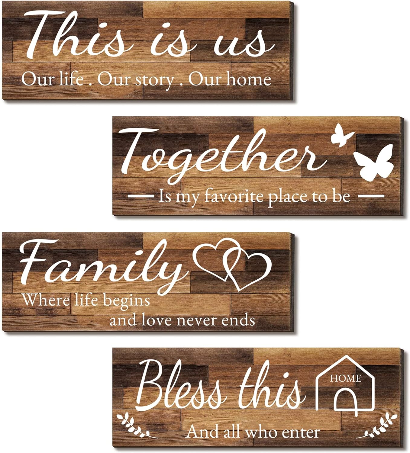 Assorted wooden home wall Huanging and bathroom decor plaques 4 Pieces Home Wall Signs, THIS IS US/TOGETHER/BLESS THIS HOME/FAMILY Wall Decor For Living Room Bedroom, Rustic Wooden Farmhouse Wall Art