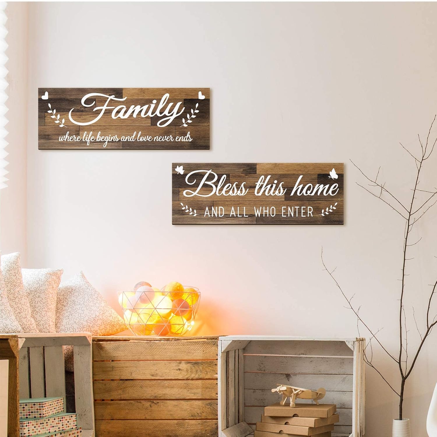 Wooden Family Signs Rustic Bless This Home Wall Decor Wood Family Decor Wall Art Farmhouse Entryway Sign Home Decoration for Bedroom Living Room Office Home Decor, 13.8 x 4.7 Inch (Brown)