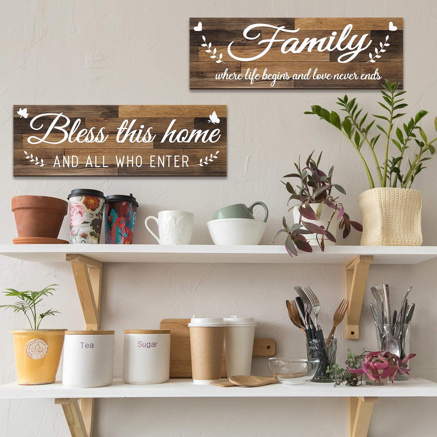 Wooden Family Signs Rustic Bless This Home Wall Decor Wood Family Decor Wall Art Farmhouse Entryway Sign Home Decoration for Bedroom Living Room Office Home Decor, 13.8 x 4.7 Inch (Brown)