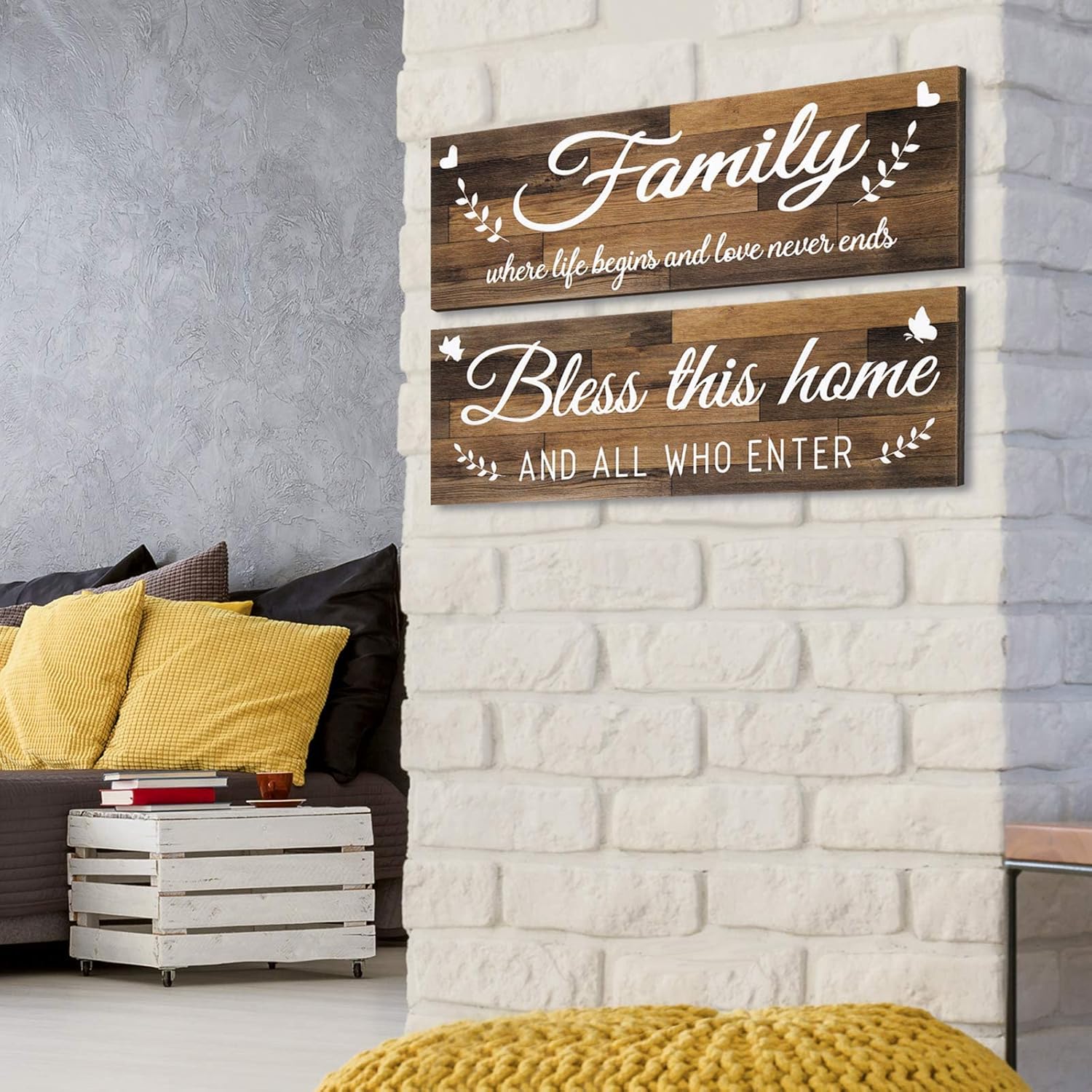 Wooden Family Signs Rustic Bless This Home Wall Decor Wood Family Decor Wall Art Farmhouse Entryway Sign Home Decoration for Bedroom Living Room Office Home Decor, 13.8 x 4.7 Inch (Brown)