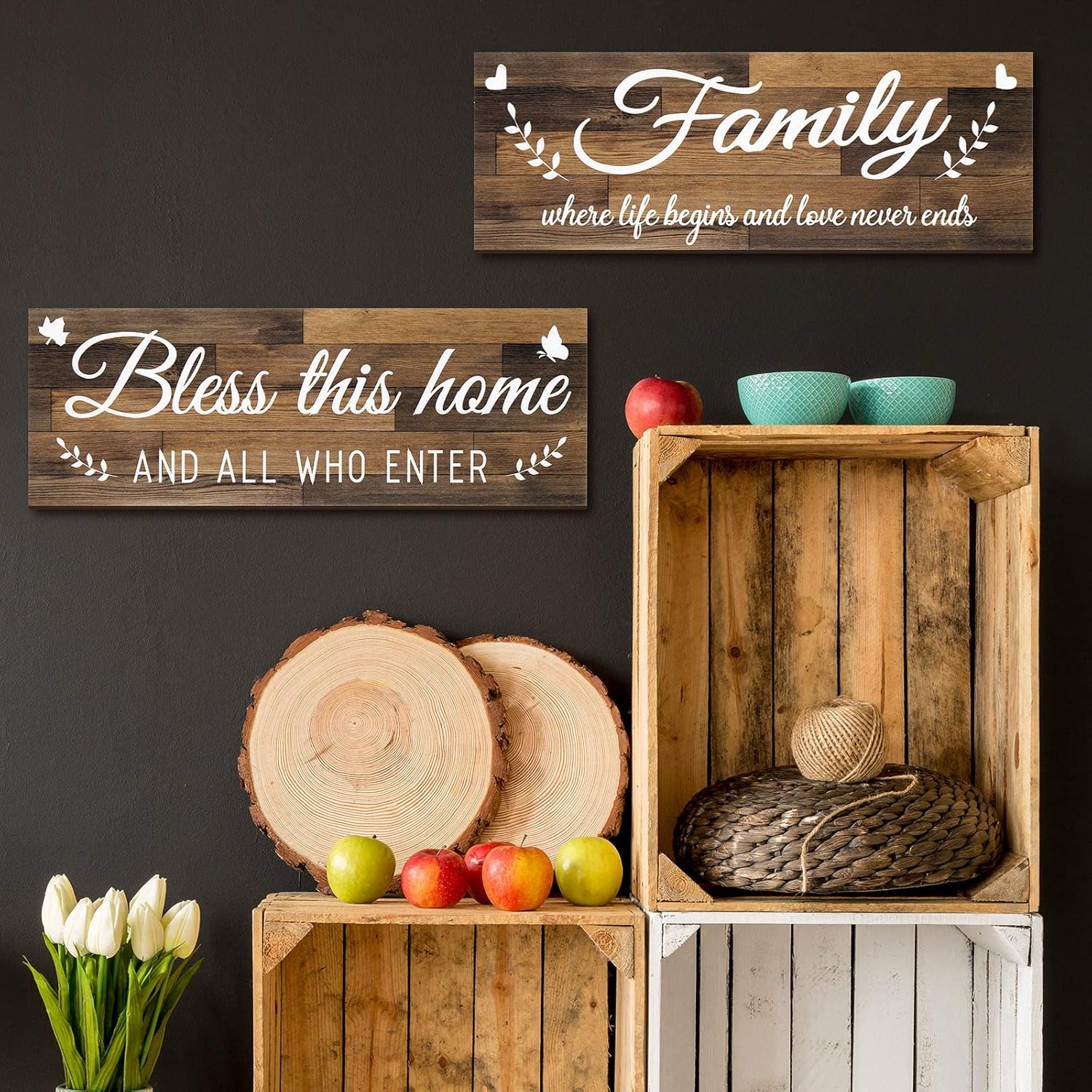 Wooden Family Signs Rustic Bless This Home Wall Decor Wood Family Decor Wall Art Farmhouse Entryway Sign Home Decoration for Bedroom Living Room Office Home Decor, 13.8 x 4.7 Inch (Brown)