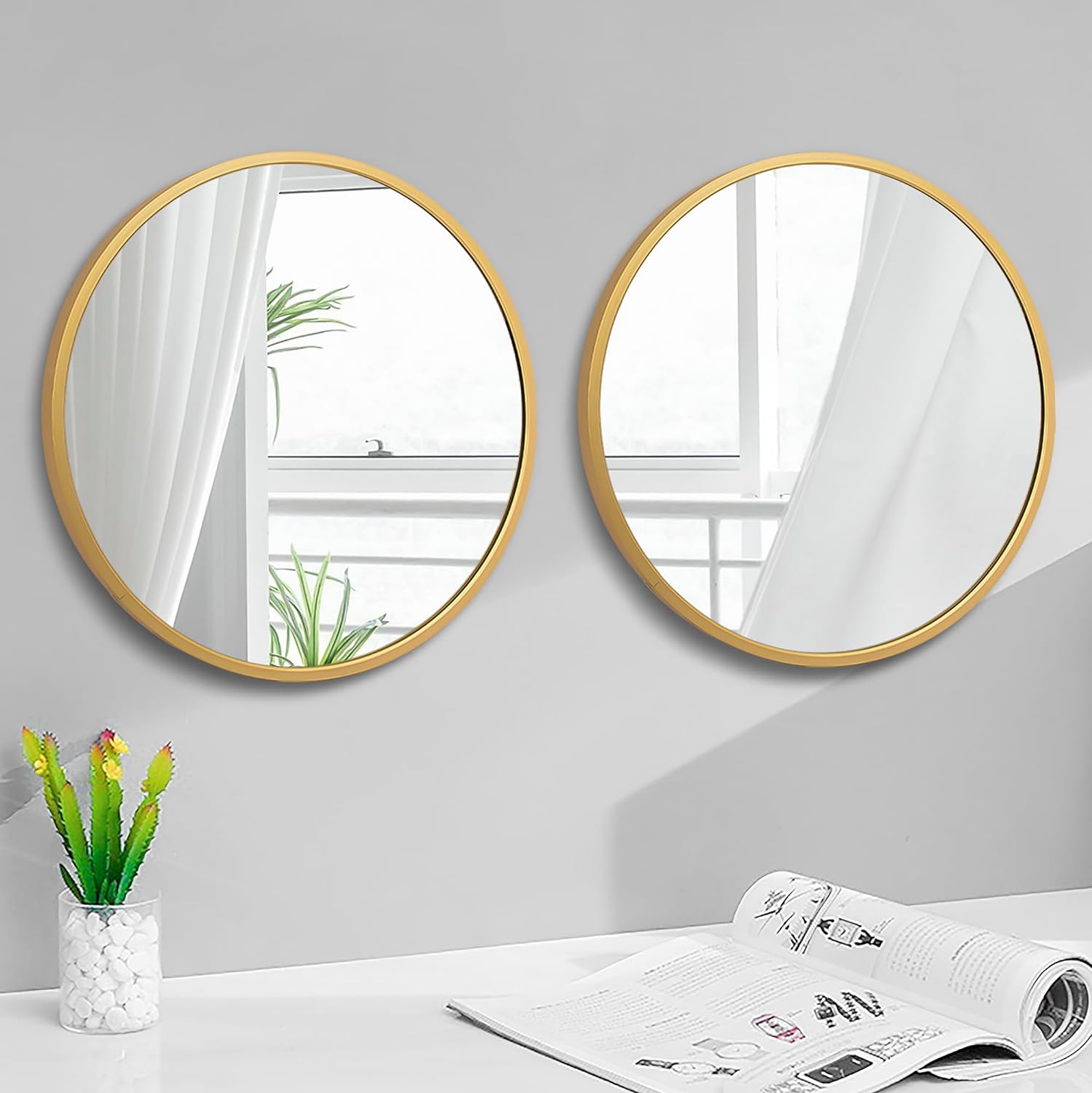 Set Of 2 Gold Mirrors Framed Circle Mirror 12 Inch Diameter ready to Hang for Living room, Wall Decor, Bedroom, Above Bed, Hall way, Bathroom Mirrors,  Sink Mirror, Dressing Table Home Decor  Mirror,