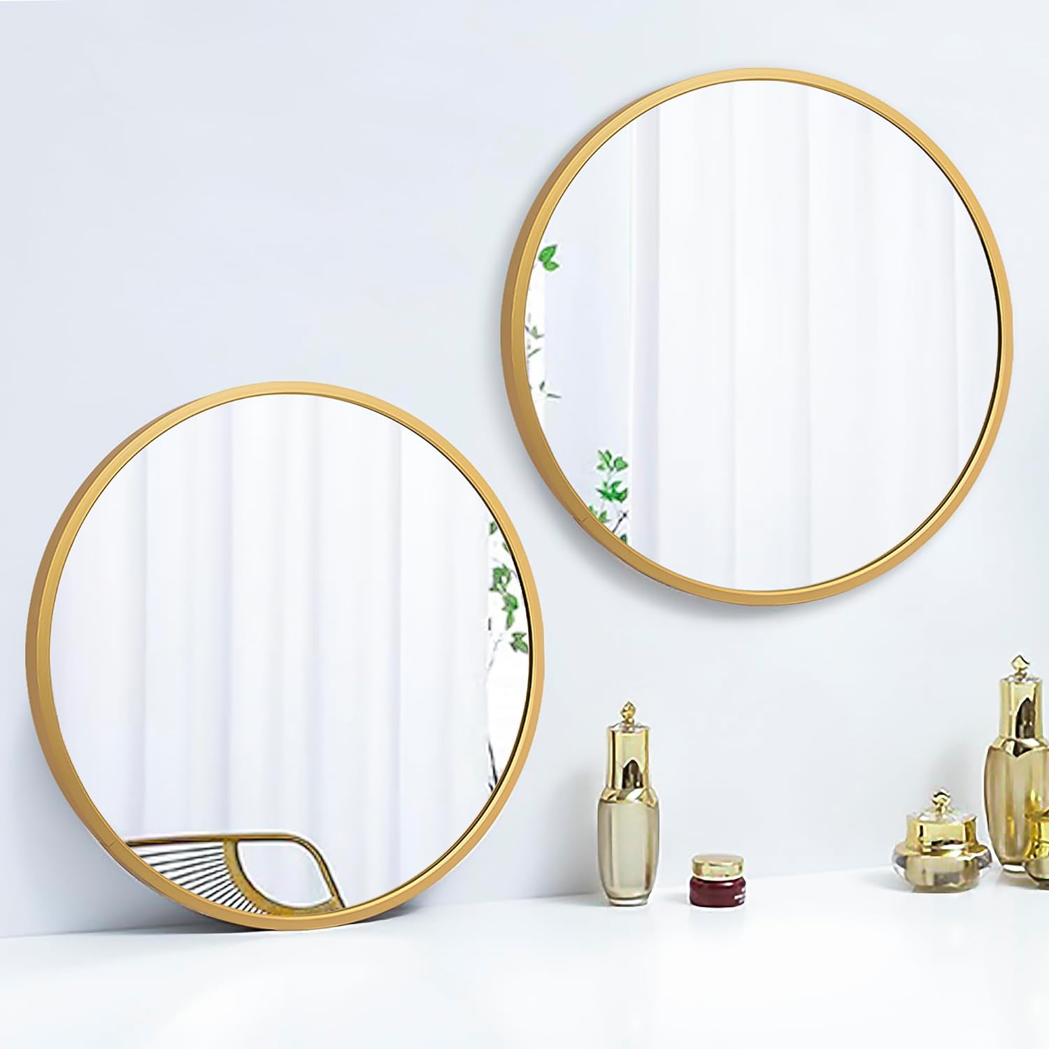 Set Of 2 Gold Mirrors Framed Circle Mirror 12 Inch Diameter ready to Hang for Living room, Wall Decor, Bedroom, Above Bed, Hall way, Bathroom Mirrors,  Sink Mirror, Dressing Table Home Decor  Mirror,
