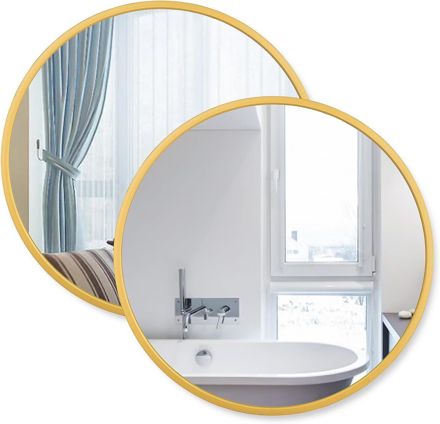 Set Of 2 Gold Mirrors Framed Circle Mirror 12 Inch Diameter ready to Hang for Living room, Wall Decor, Bedroom, Above Bed, Hall way, Bathroom Mirrors,  Sink Mirror, Dressing Table Home Decor  Mirror,