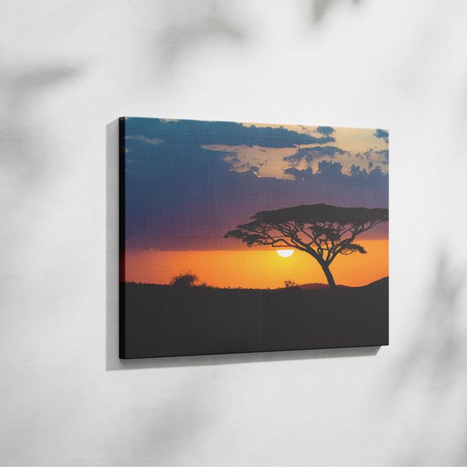Sunset African Savannah Landscape Framed Canvas Painting Ready to Hang- large A2 Size Canvas Mounted on Wooden Frame Board- African Art iece for Bedroom, Hotel & restaurant, Bedroom Decor or Hallway