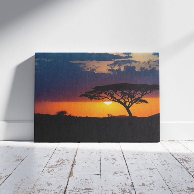 Sunset African Savannah Landscape Framed Canvas Painting Ready to Hang- large A2 Size Canvas Mounted on Wooden Frame Board- African Art iece for Bedroom, Hotel & restaurant, Bedroom Decor or Hallway