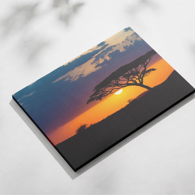 Sunset African Savannah Landscape Framed Canvas Painting Ready to Hang- large A2 Size Canvas Mounted on Wooden Frame Board- African Art iece for Bedroom, Hotel & restaurant, Bedroom Decor or Hallway
