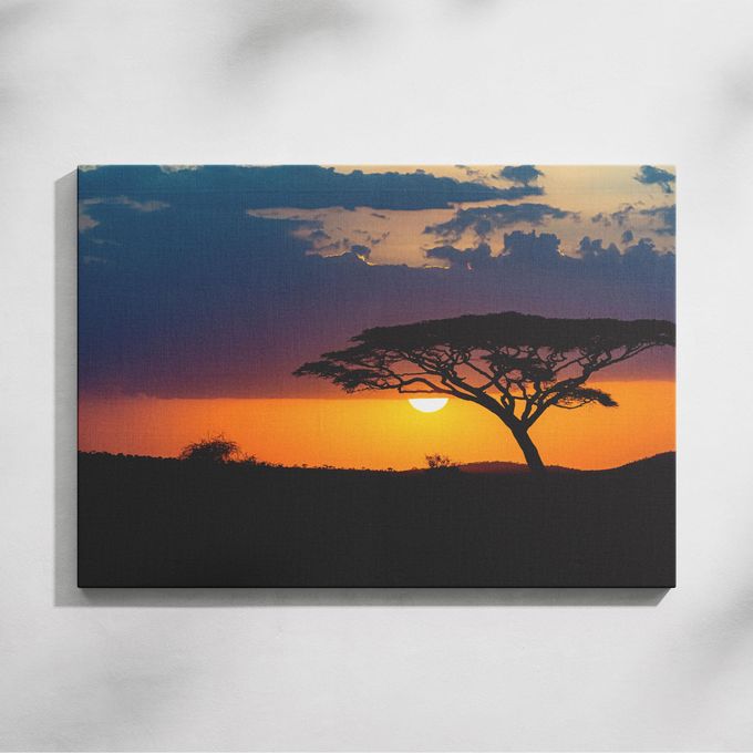 Sunset African Savannah Landscape Framed Canvas Painting Ready to Hang- large A2 Size Canvas Mounted on Wooden Frame Board- African Art iece for Bedroom, Hotel & restaurant, Bedroom Decor or Hallway