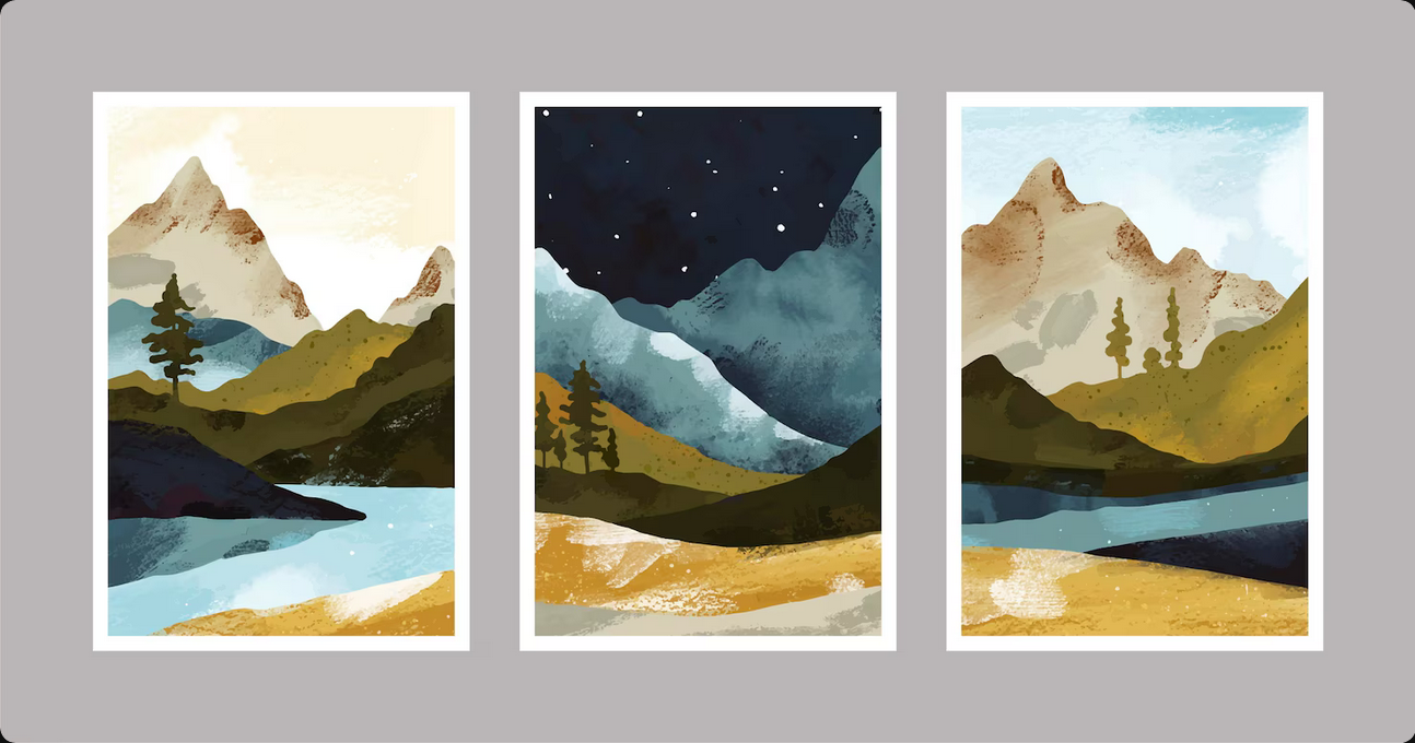 Landscape Paintings Bundle- Set of 3 Watercolour Paintings, Hand Drawn Abstract Landscape Paintings- Framed Wall Decor-Watercolor Painting for Wall Decoration-White Frame Redy to Hang St of 3