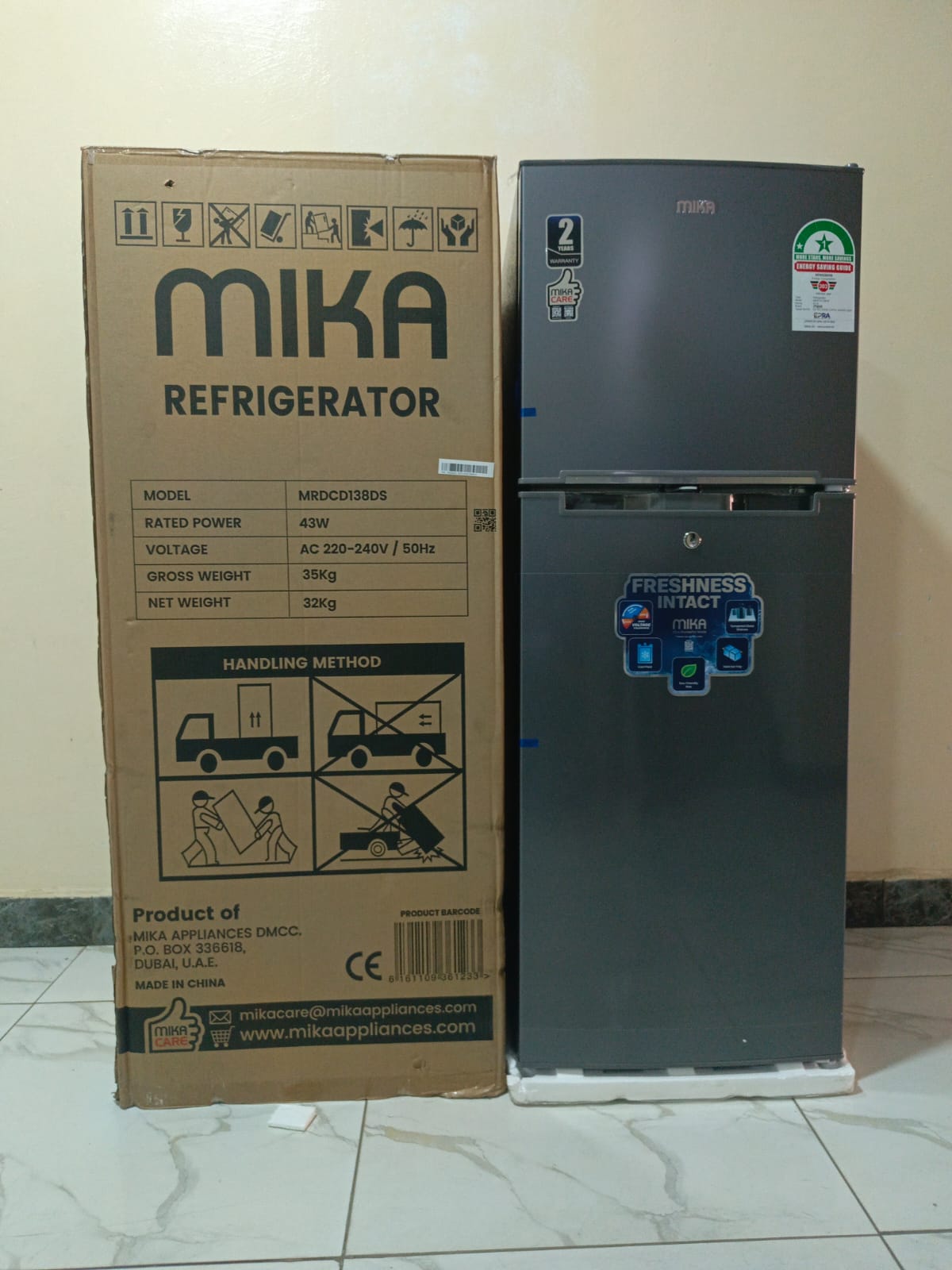 MIKA Fridge, 138L, 2 Door Top Mount Freezer, Defrost (Direct Cool), Dark Silver, with Cool Pack