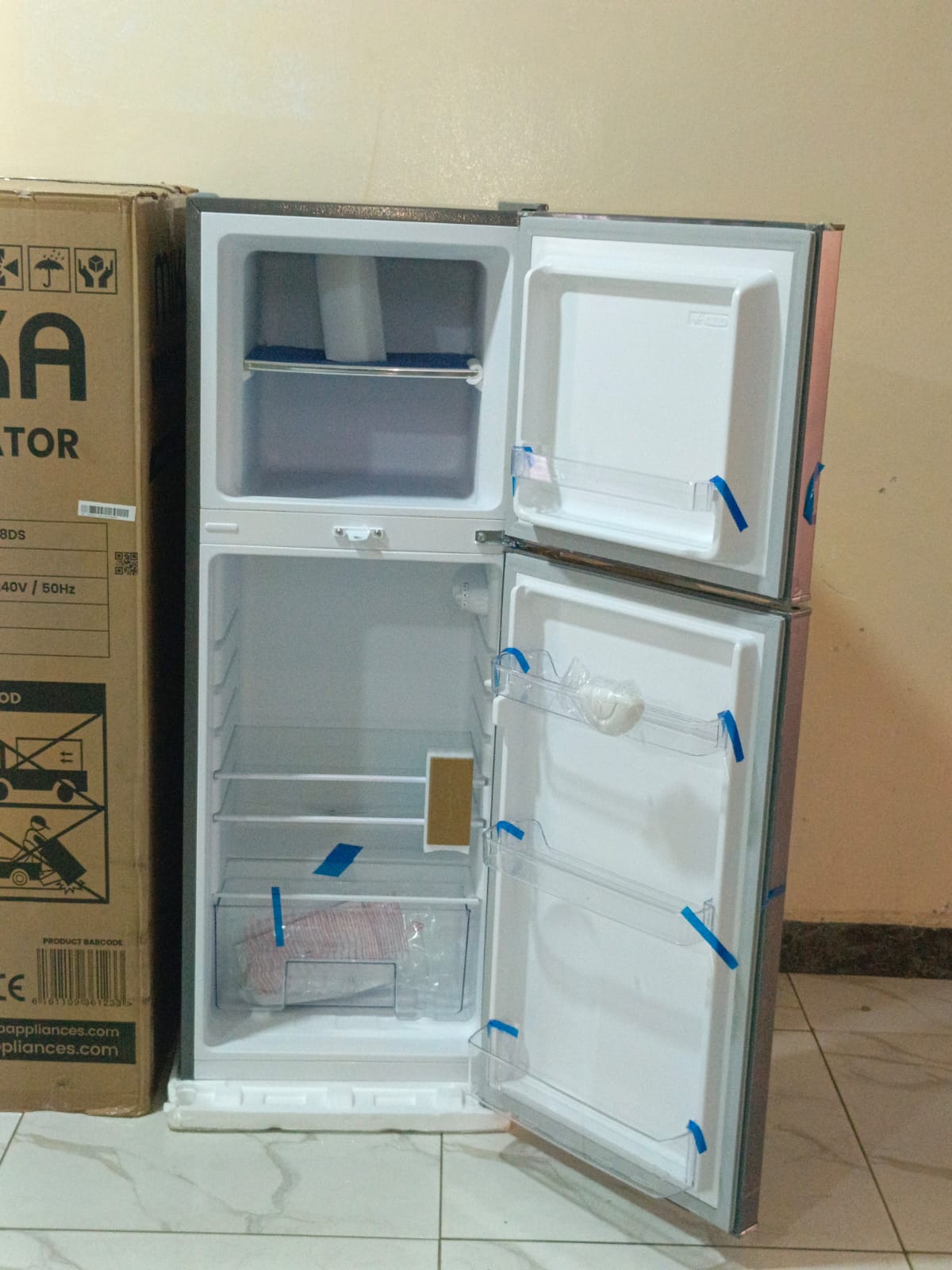 MIKA Fridge, 138L, 2 Door Top Mount Freezer, Defrost (Direct Cool), Dark Silver, with Cool Pack