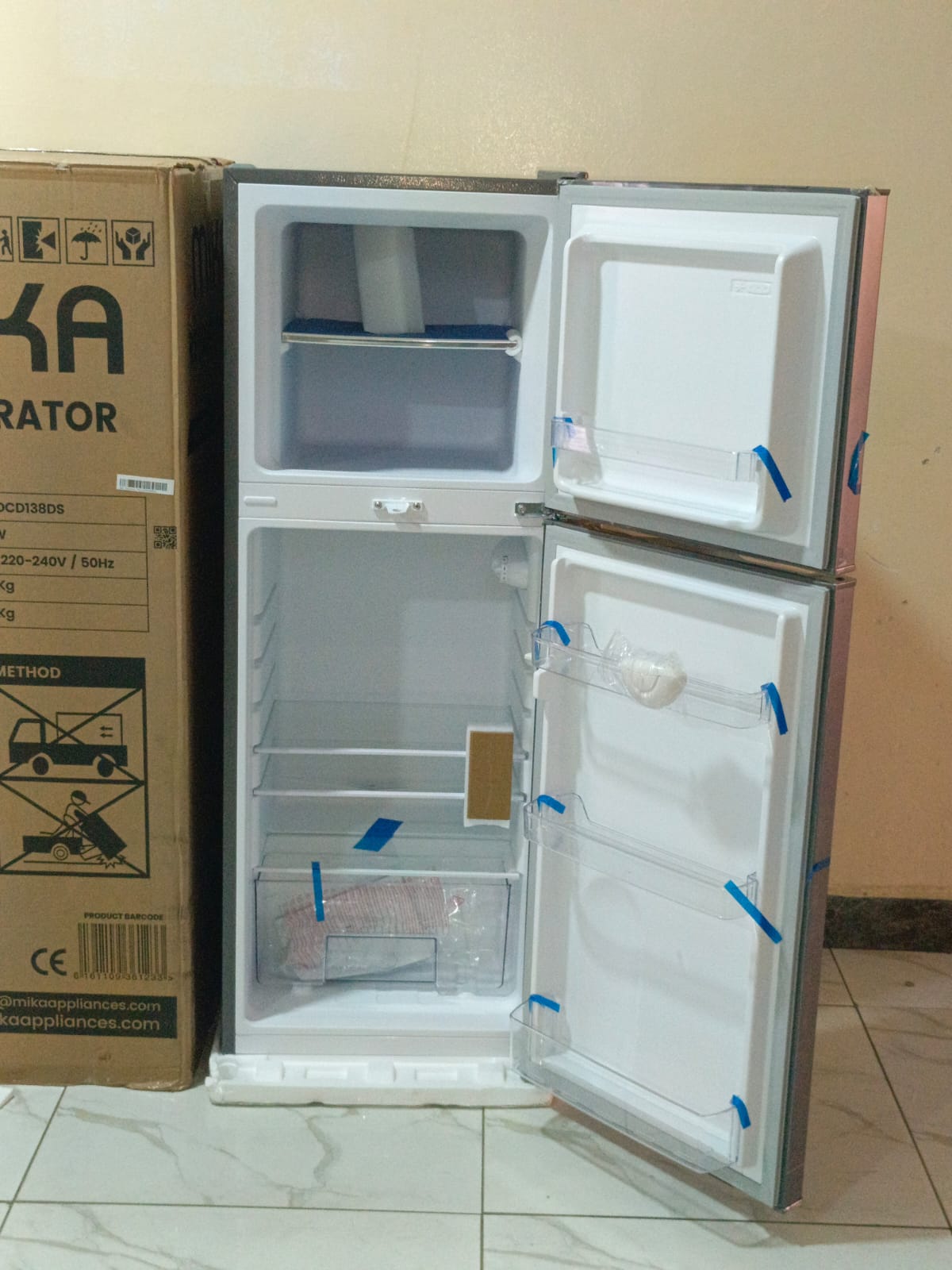 MIKA Fridge, 138L, 2 Door Top Mount Freezer, Defrost (Direct Cool), Dark Silver, with Cool Pack