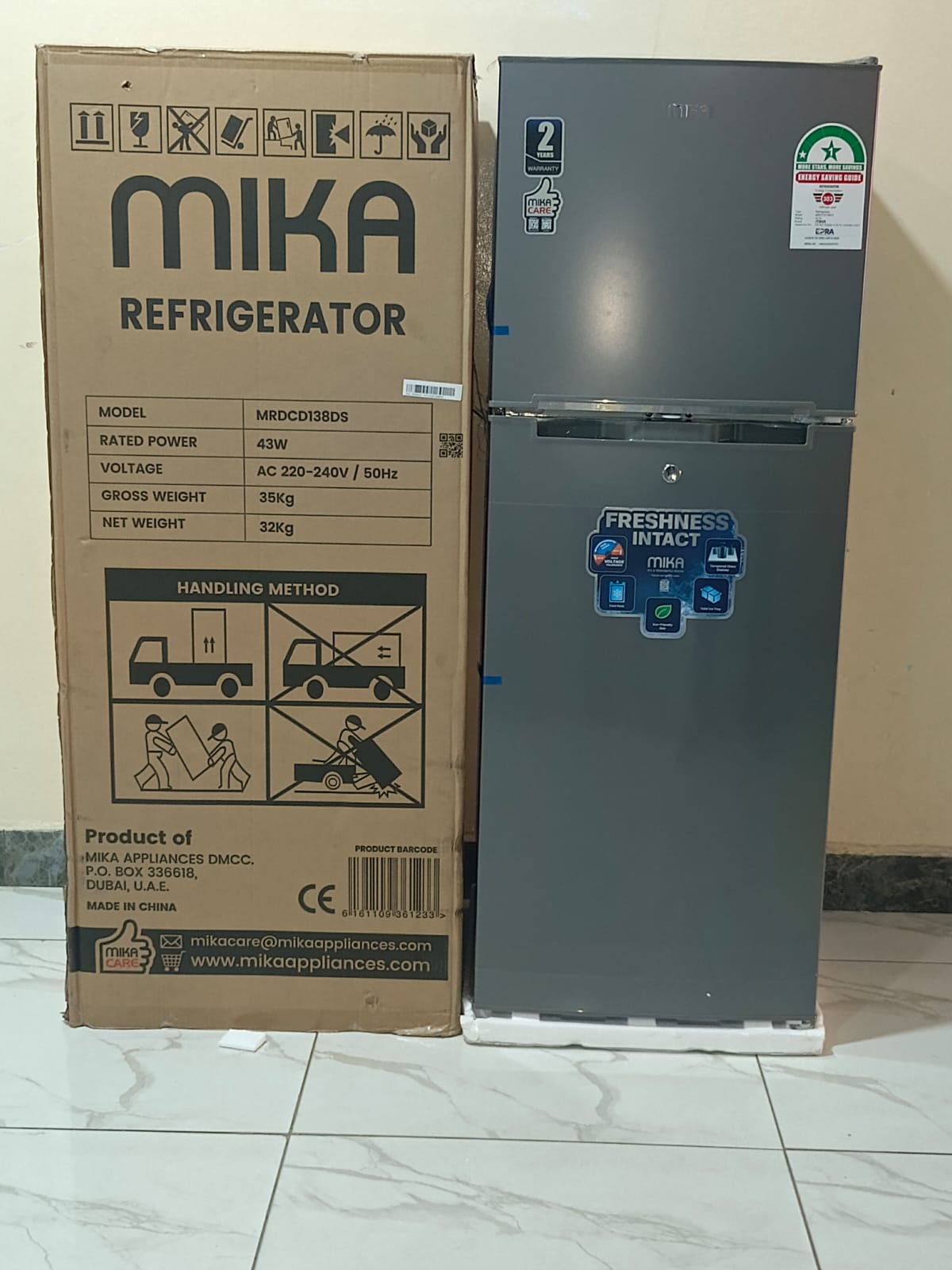 MIKA Fridge, 138L, 2 Door Top Mount Freezer, Defrost (Direct Cool), Dark Silver, with Cool Pack