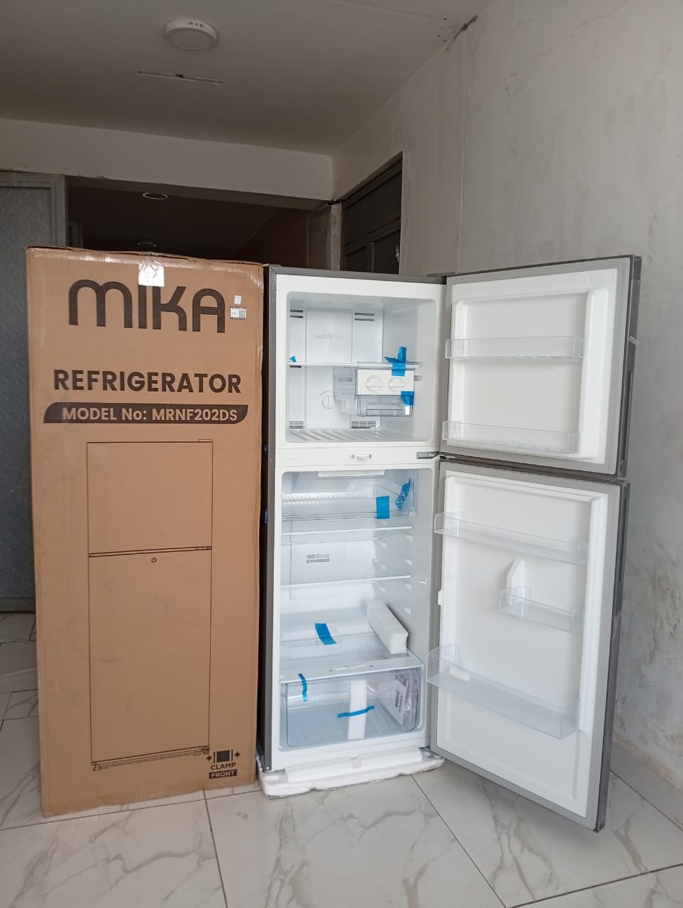 Mika 202Ltr No Frost Double Door Refrigerator Top Mounted Freezer Frost Free 3D Cooling Deodorizer-Smell Buster Dark Matt Energy Saving 2Yr Warranty+Fridge Guard+10M 6 Way JSB Extension