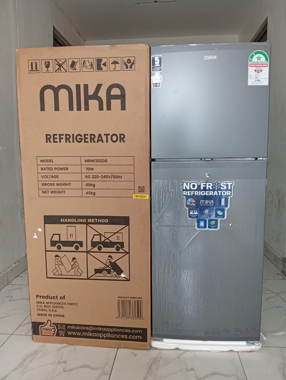 Mika 202Ltr No Frost Double Door Refrigerator Top Mounted Freezer Frost Free 3D Cooling Deodorizer-Smell Buster Dark Matt Energy Saving 2Yr Warranty+Fridge Guard+10M 6 Way JSB Extension
