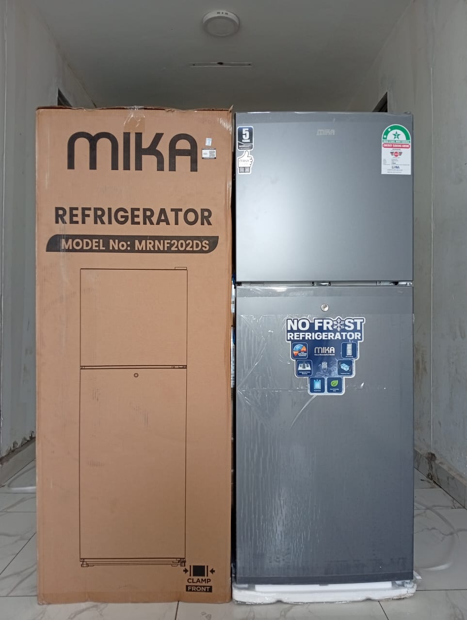 Mika 202Ltr No Frost Double Door Refrigerator Top Mounted Freezer Frost Free 3D Cooling Deodorizer-Smell Buster Dark Matt Energy Saving 2Yr Warranty+Fridge Guard+10M 6 Way JSB Extension