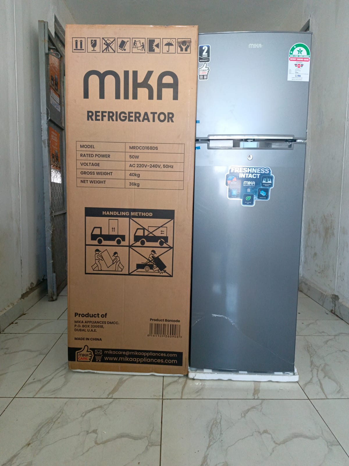 MIKA Fridge, 168L, 2 Door Top Mount Freezer, Defrost (Direct Cool), Dark Silver