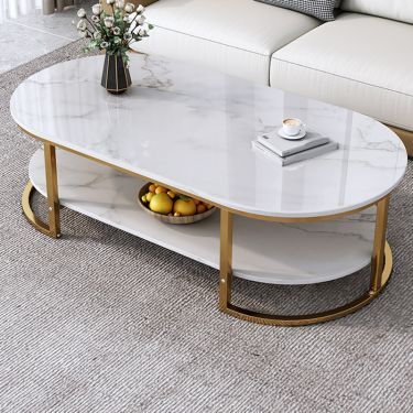 Modern Oval Faux Marble Coffee Table with Gold Metal Frame Living Room Table with Shelf Cocktail Table - Shelves Included 18" H x 39.5" L x 19.5" W