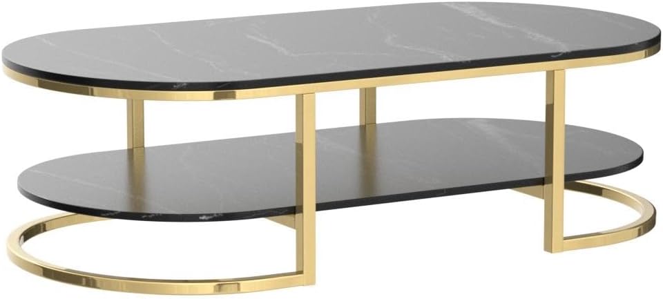 Modern Oval Faux Marble Coffee Table with Gold Metal Frame Living Room Table with Shelf Cocktail Table - Shelves Included 18" H x 39.5" L x 19.5" W