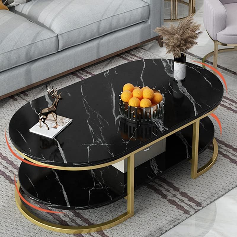 Modern Oval Faux Marble Coffee Table with Gold Metal Frame Living Room Table with Shelf Cocktail Table - Shelves Included 18" H x 39.5" L x 19.5" W