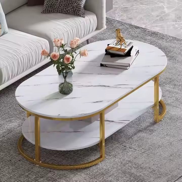 Modern Oval Faux Marble Coffee Table with Gold Metal Frame Living Room Table with Shelf Cocktail Table - Shelves Included 18" H x 39.5" L x 19.5" W