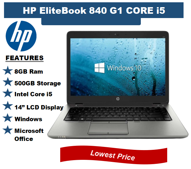 (i5+8GB+500GB+14") Hp Elitebook 840 G1 Laptop Intel Core i5 8GB RAM + 500GB HDD ROM Storage  Windows Office Refurbished Notebook Silver 14 inch FHD Display Laptops Computer