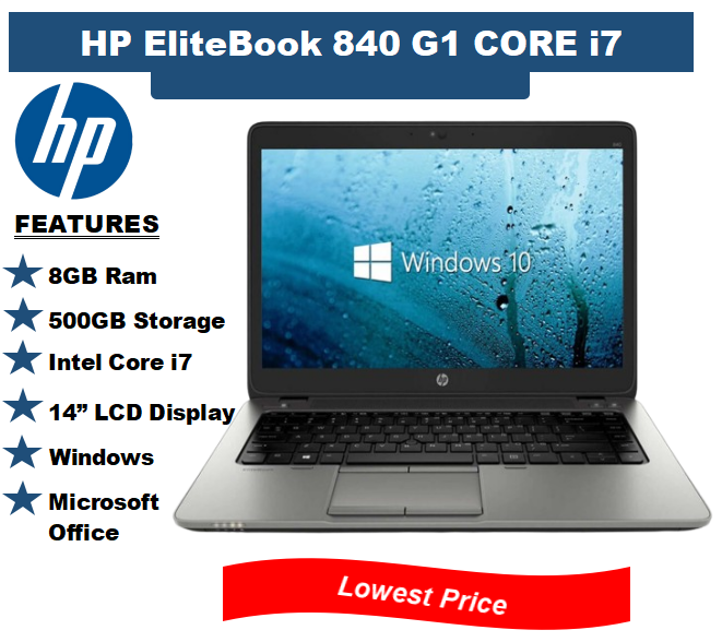 (i7+8GB+500GB+14") Hp Elitebook 840 G1 Laptop Intel Core i7 8GB RAM + 500GB HDD ROM Storage  Windows Office Refurbished Notebook Silver 14 inch FHD Display Laptops Computer