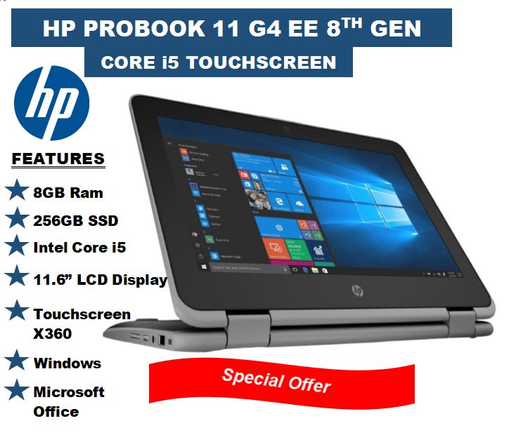 {Special Offer} Hp ProBook 11 G4 EE 8th Gen Laptop Core i5 8GB RAM + 256GB SSD X360 Touchscreen Refurbished 11.6” Inch Display With Windows and Office Installed Computer PC Notebook