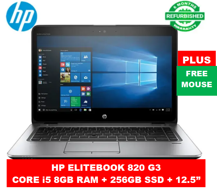 [i5+8GB+256GB+12.5''] Hp Elitebook 820 G3 Intel Core i5 8GB RAM + 256GB SSD Laptop 6th Gen 12.5" inch Display  Refurbished Notebook Computer Windows Office PLUS Free Mouse