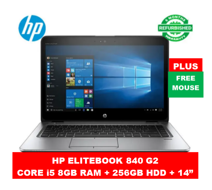 (i5+8GB+256GB+14") Hp Elitebook 840 G2  Intel Core i5 8GB RAM + 256GB SSD Storage  Windows Office Refurbished Laptop Notebook 14 inch Display Computer PLUS Free Mouse
