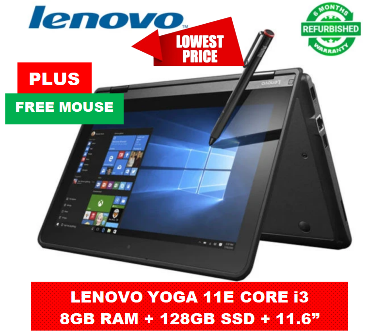PROMOTION!! Lenovo Yoga 11e X360 Core i3 8GB RAM +  128GB SSD Refurbished Laptop Touchscreen 11.6” Display Windows Office Installed  High Quality Computer  PLUS FREE WIRED MOUSE AND FLASH DISK