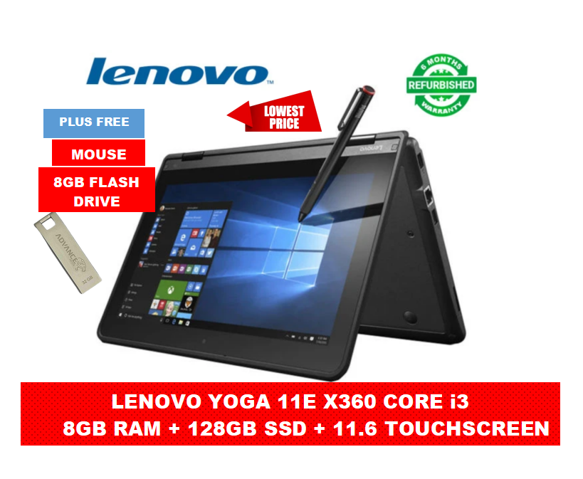 PROMOTION!! Lenovo Yoga 11e X360 Core i3 8GB RAM +  128GB SSD Refurbished Laptop Touchscreen 11.6” Display Windows Office Installed  High Quality Computer  PLUS FREE WIRED MOUSE AND FLASH DISK