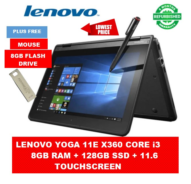 PROMOTION!! Lenovo Yoga 11e X360 Core i3 8GB RAM +  128GB SSD Refurbished Laptop Touchscreen 11.6” Display Windows Office Installed  High Quality Computer  PLUS FREE WIRED MOUSE AND FLASH DISK