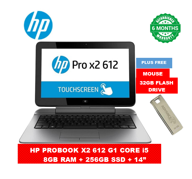 FREE GIFTS! HP PROBOOK X2 612 G1 CORE i5 8GB RAM + 256GB SSD 2 In1 Touchscreen Laptop 12.5" Display Refurbished Windows Office Installed Detachable Computer PLUS Free Mouse and 32GB Flash Disk