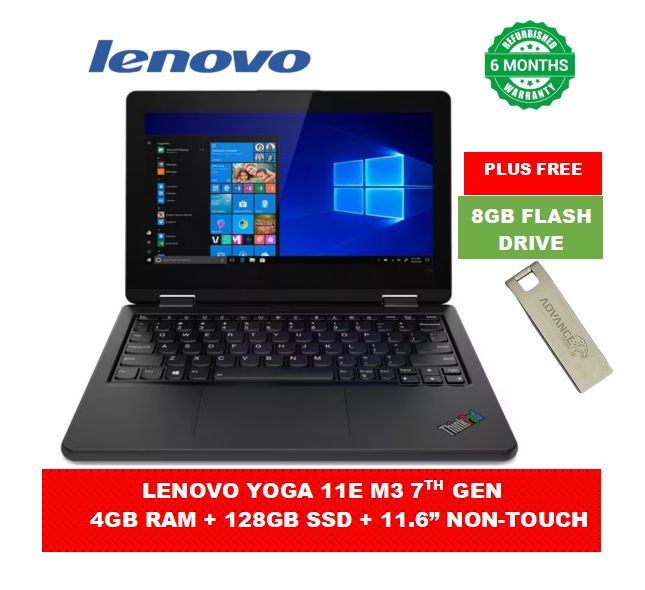 {Free 8GB Flash Disk} Lenovo Yoga 11e Intel M3 7th Gen 4GB RAM +  128GB SSD Refurbished Laptop non-touchscreen 11.6 Inch Display Windows & Office Installed  High Quality Computer Ready to use