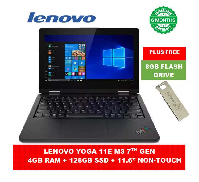 {Free 8GB Flash Disk} Lenovo Yoga 11e Intel M3 7th Gen 4GB RAM +  128GB SSD Refurbished Laptop non-touchscreen 11.6 Inch Display Windows & Office Installed  High Quality Computer Ready to use