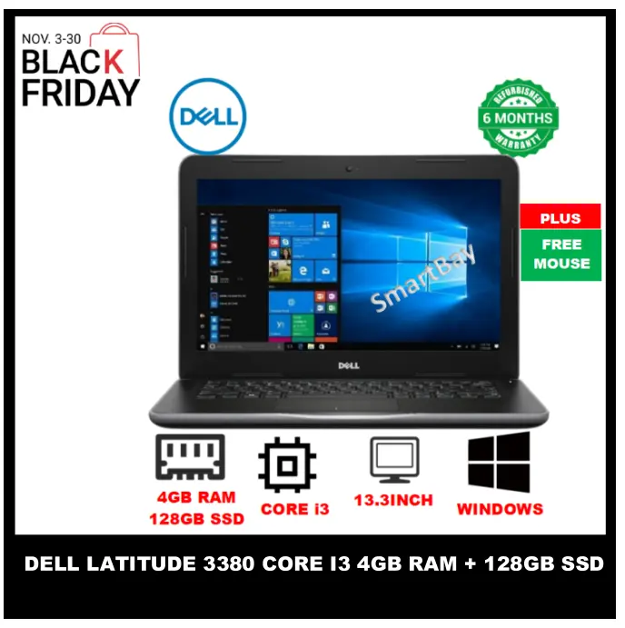 [BLACK FRIDAY OFFER!] Dell Latitude 3380 Core i3 4GB RAM + 128GB SSD Laptop 6th Gen 13.3" inch Display Refurbished Notebook Computer Windows & Office Installed Ready to use PLUS Free Mouse