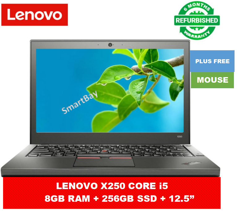 Lenovo Thinkpad X250 Core i5 8GB RAM + 256GB SSD 12.5 Inch Display Refurbished Laptop Windows Installed and Office Computer X 250 Notebook High Quality PLUS Free Mouse