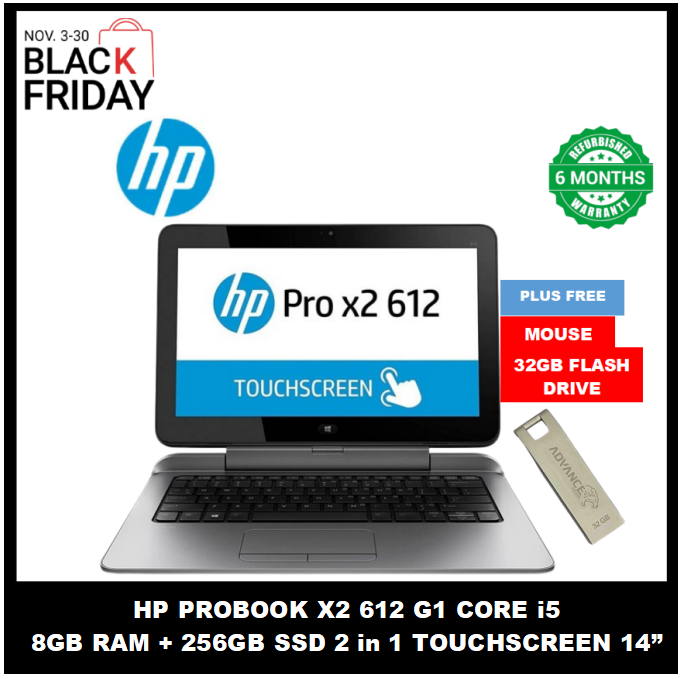 FREE GIFTS! HP PROBOOK X2 612 G1 CORE i5 8GB RAM + 256GB SSD 2 In1 Touchscreen Laptop 12.5" Display Refurbished Windows Office Installed Detachable Computer PLUS Free Mouse and 32GB Flash Disk
