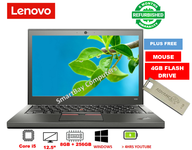 ( FREE GIFTS) LENOVO THINKPAD X250 CORE i5 8GB RAM + 256GB SSD Laptop 12.5" Display Refurbished Computer X 250 Windows & Office Installed Notebook PLUS Free Mouse and 4GB Flash Disk