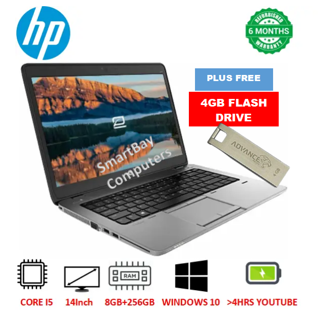 ( FREE GIFT) HP ELITEBOOK 840 G1 Laptop Intel Core i5 8GB RAM + 256GB SSD Storage 14” inch Refurbished  Computer Notebook With Windows & Office Installed PLUS Free 4GB Flash Disk