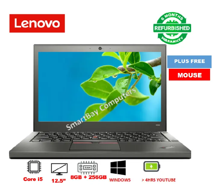 ( FREE GIFT) LENOVO THINKPAD X250 CORE i5 8GB RAM + 256GB SSD Laptop 12.5" Display Refurbished Computer X 250 Windows & Office Installed Notebook PLUS Free Mouse